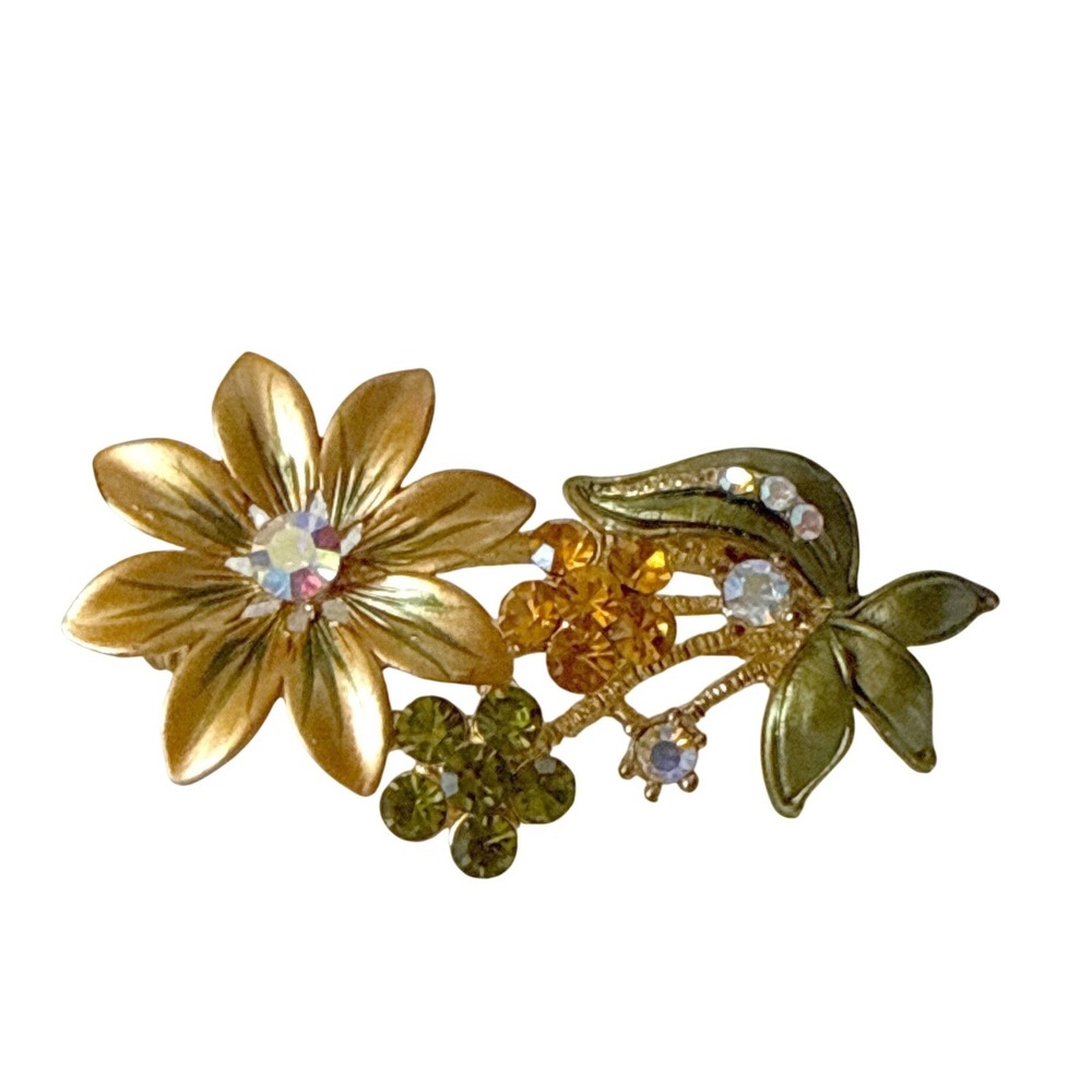 Vintage Gold Tone Floral Brooch Green Enamel Rhinestone Flower Pin Crystal